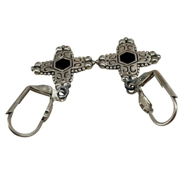 Inca Chakana Cross Earrings Silver Tone Black Onyx Inlay Dangle Boho NO MARKINGS - Picture 13 of 15